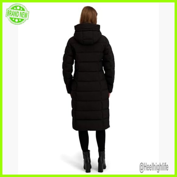 Long Stretch Maxi Puffer Jacket with Hood, PU Trim, Side Zippers - Picture 5 of 5